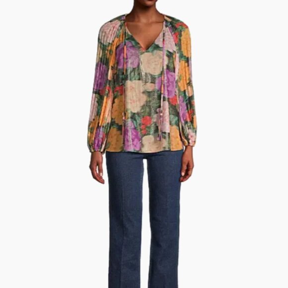UNGARO Ariel Foiled Garden Blouse Womens XS Apricot Multi Floral Print NWT $595 - Picture 2 of 11